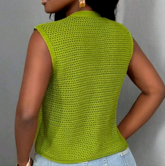 Trendy Green Metal Big Button V-Neck Sweater Vest, Hollow Out Cardigan - Picture 2 of 5